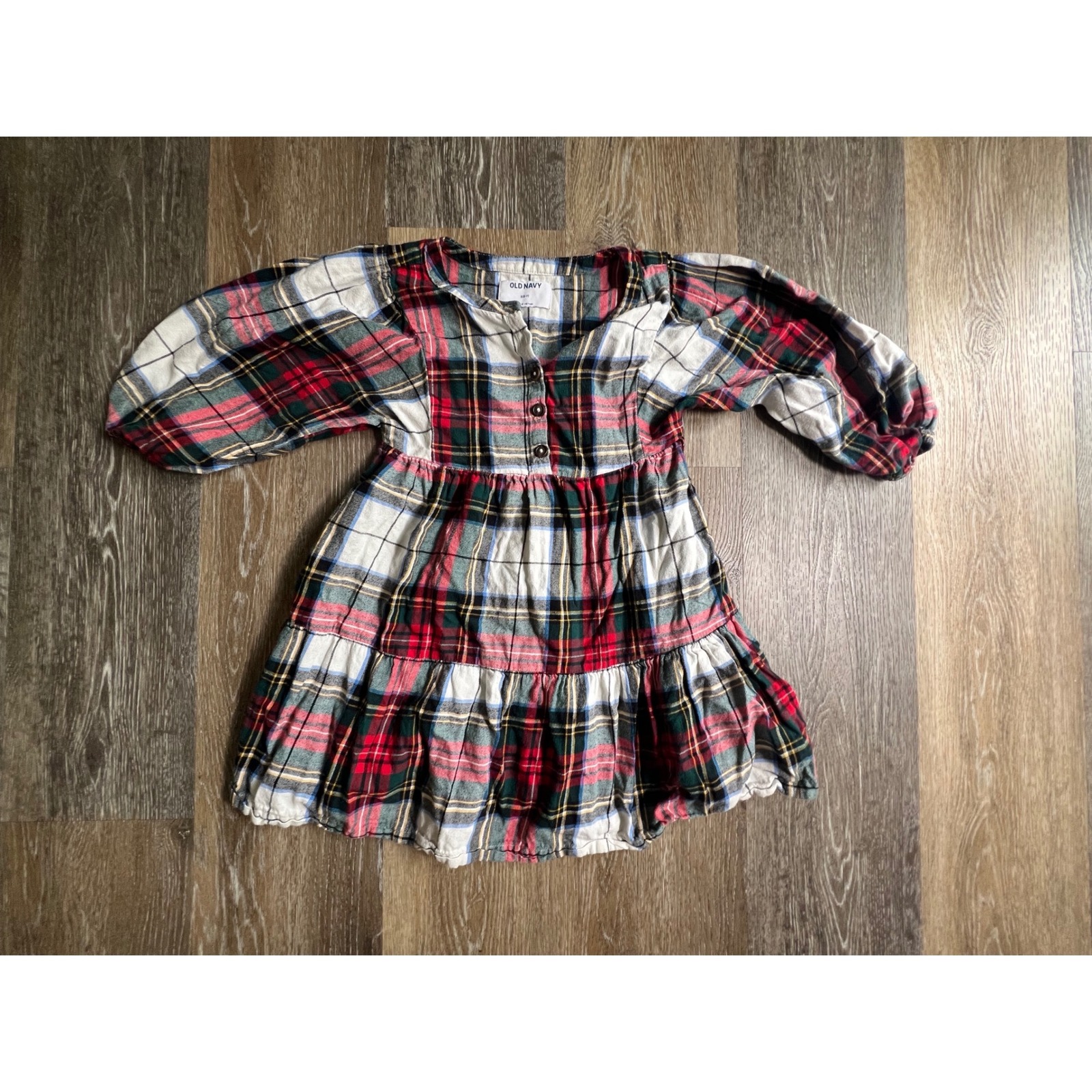 Old Navy Plaid Tiered Dress Kids S 6-7 Red Green Excellent Flannel Puff Sleeve
